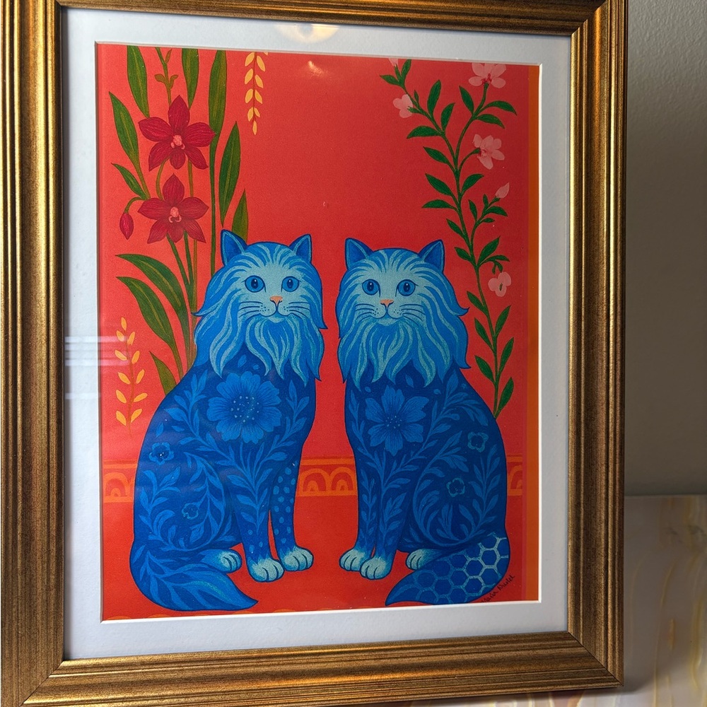 Elegant Blue Cat Art in Gold Frame